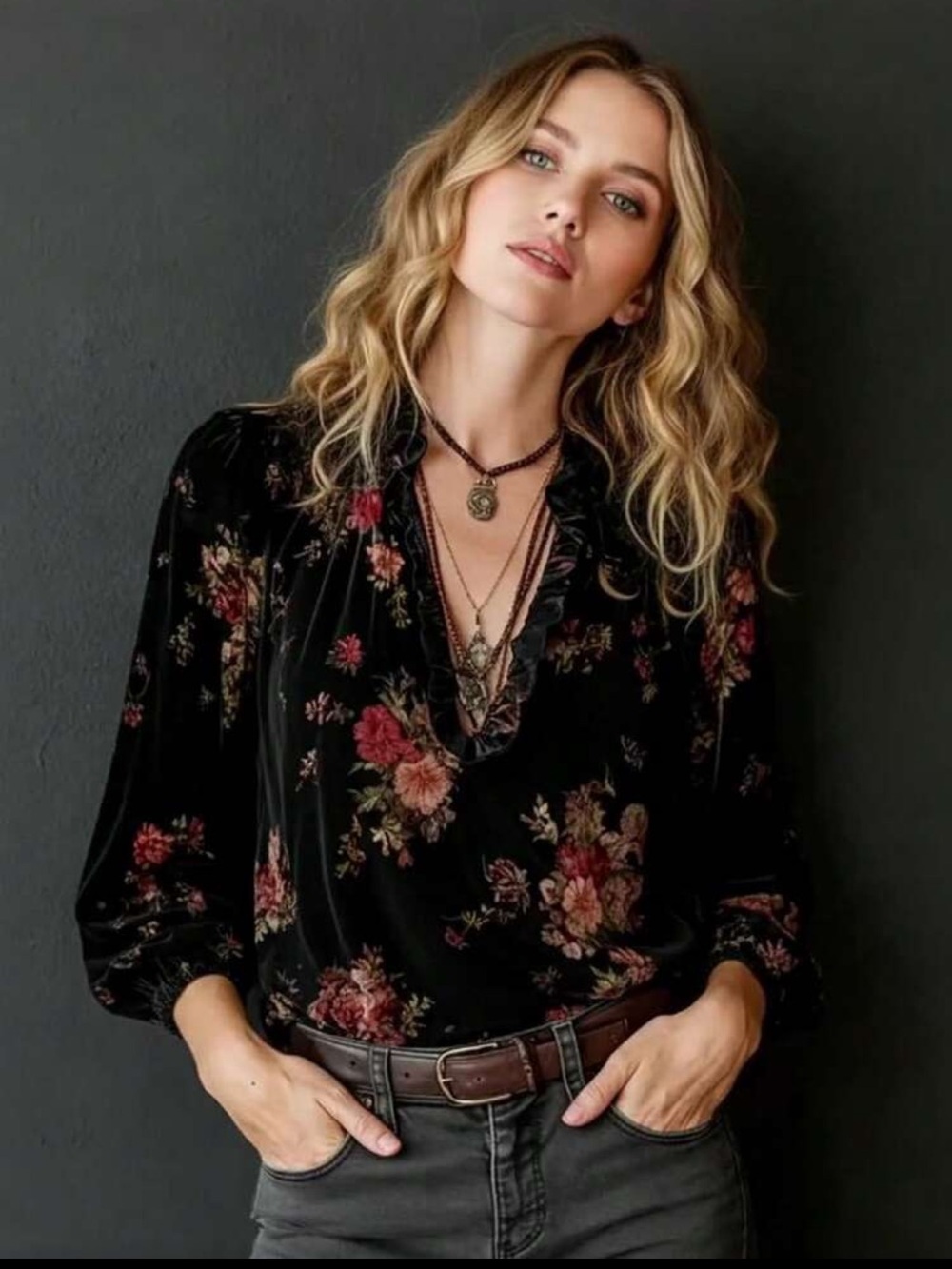 Women's Black Floral Velvet V-Neck Blouse